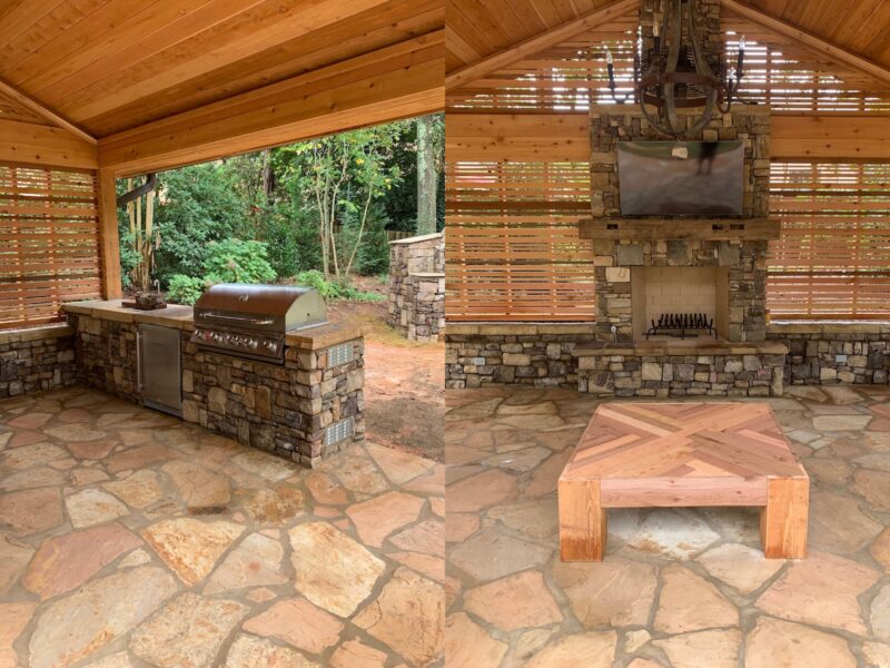 West Cobb backyard transformation by Atlanta Waterscapes featuring a flagstone patio, 80-foot stone wall, outdoor kitchen, and stone fireplace