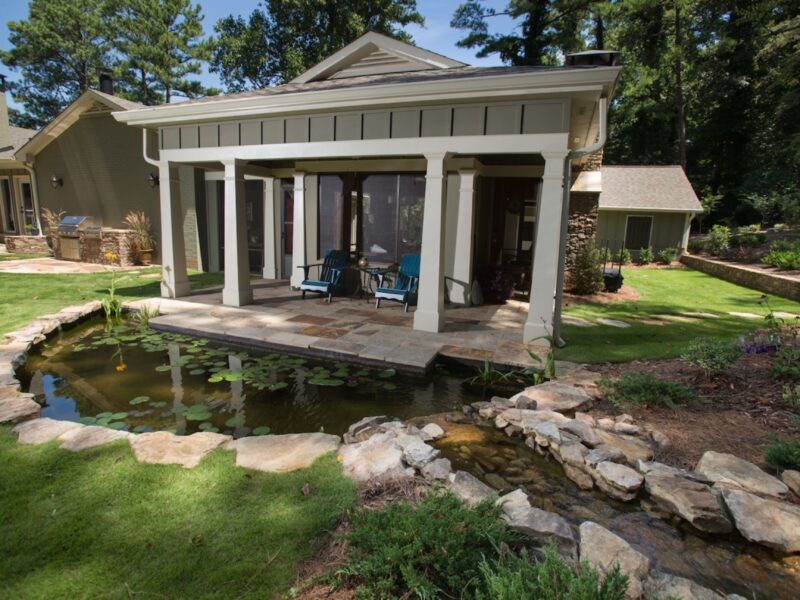 Luxury gazebo in Marietta with a custom wood-burning stone fireplace and 7-foot natural stone mantel by Atlanta Waterscapes